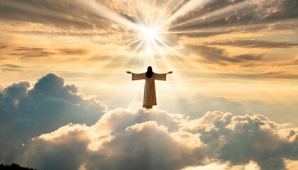 the resurrected jesus christ ascending to heaven above the bright light sky and clouds and god heaven and second coming concept - obrazy, fototapety, plakaty