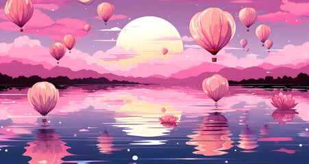 Fototapeta na wymiar the floating balloons are floating across the lake