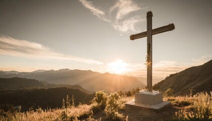 holy week cross in the mountains at sunset - obrazy, fototapety, plakaty