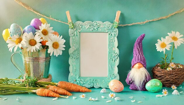 spring s message text frame mockup with purple garden gnome easter bunny carrots thin cord nests with colorful eggs and daisies on a turquoise background