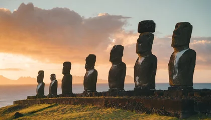 Foto op Plexiglas enigmatic moai statues stand against the backdrop of a colorful polynesian sunset adding to the islands mystique © Jayla