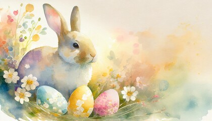 happy easter rabbit with spring flowers and colored easter eggs copy space for text watercolor design