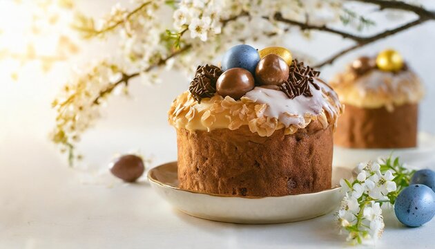 homemade traditionla easter kulich cake with chocolate nests and eggs blossoming cherry branches and muscari flowers white background banner size