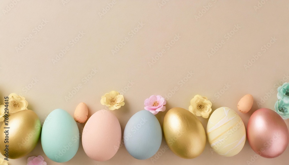 Wall mural top view photo of easter decorations multicolored easter eggs on isolated pastel background colorful - Wall murals