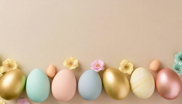 top view photo of easter decorations multicolored easter eggs on isolated pastel background colorful easter egg bottom border over a pastel paper banner background