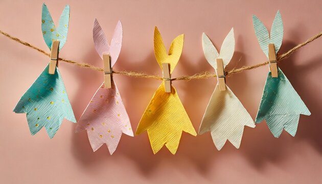 easter rabbits handmade from colored paper on a rope with clothespins easy crafts for children on a pink background
