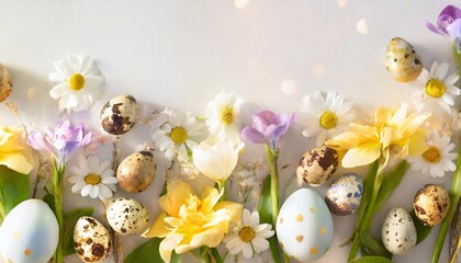 border with easter composition with spring flowers and colorful quail eggs over white background springtime and easter holiday concept with copy space top view