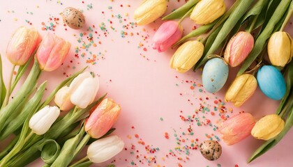 easter decorations concept top view photo of bunches of fresh tulips colorful easter eggs and sprinkles on isolated pastel pink background with copyspace in the middle - obrazy, fototapety, plakaty