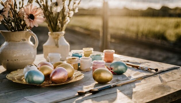 table with easter colored eggs and paints