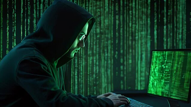 HACKER IN A HOODIE, WORKING ON A COMPUTER WITH GLOWING GREEN TEXT. VIDEO. HORIZONTAL.