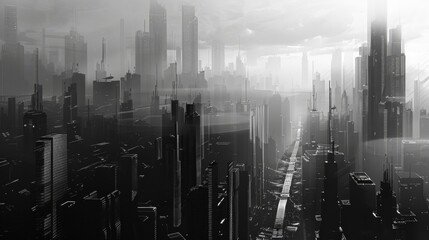 A monochromatic cityscape with sharp straight lines defining the concrete jungle.