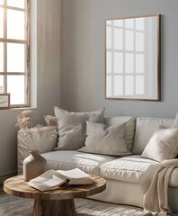 Frame Mockup Set in a Living Room Interior Background with Grey Sofa, Table, and Decor, Scandinavian Style. Presented in 3D Render. Made with Generative AI Technology