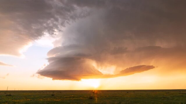 Setting sun lights up a beautiful supercell thunderstorm in the Texas Panhandle.