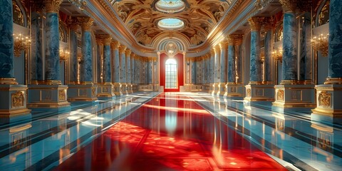 A grand red carpet leads to a luxurious entrance of a modern baroque palace fit for a royal award ceremony. Concept Luxurious Entrance, Royal Award Ceremony, Modern Baroque Palace, Red Carpet Event