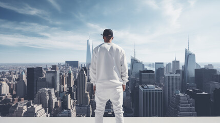 Hip-hop musician on a rooftop overlooking the city skyline.

