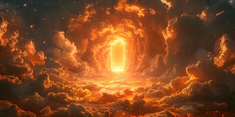 Sunlit gateway with majestic stars and golden clouds symbolizing a path to enlightenment and divine guidance. Concept Sunlit Gateway, Majestic Stars, Golden Clouds, Path to Enlightenment