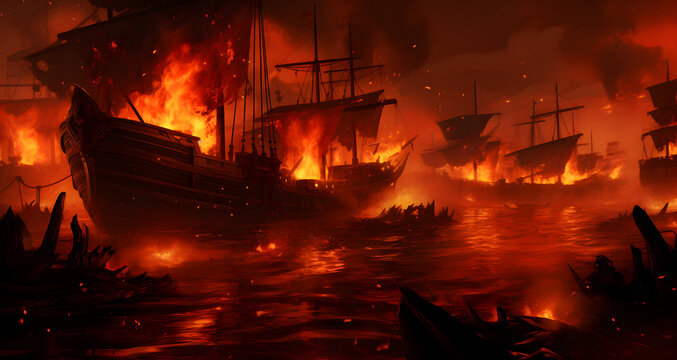 an animation image of a pirate ship engulfed in flames