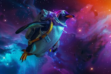 Penguin in spacesuit floating in zero gravity, digital cosmos, starlit backdrop , vibrant color
