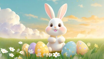 cute cartoon happy bunny with easter eggs on white cloud sky and green meadow grass background adorable rabbit for spring holiday design