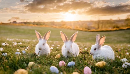 Foto op Aluminium three white rabbits in a colorful easter field © Ryan