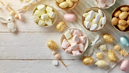 sweet easter concept sweet easter kids holiday assortment marshmallows rabbit chocolates easter eggs candies bunny snacks on white wooden background flat lay easter decoration idea mock up