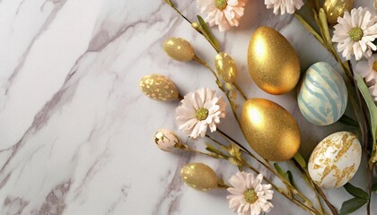 flatlay composition golden easter eggs with flowers on a white marble background copying space view from above horizontal illustration