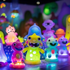 The LED lights create a vibrant and inviting atmosphere for kids to explore and engage with the colorful animations of the cute monsters. --ar 1:1
