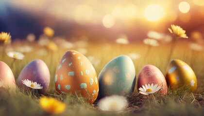 easter background with colorful easter eggs decorated on field selective focus shallow depth of field illustration