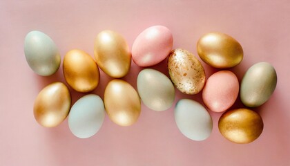 pastel easter eggs on pink background top view flat lay style