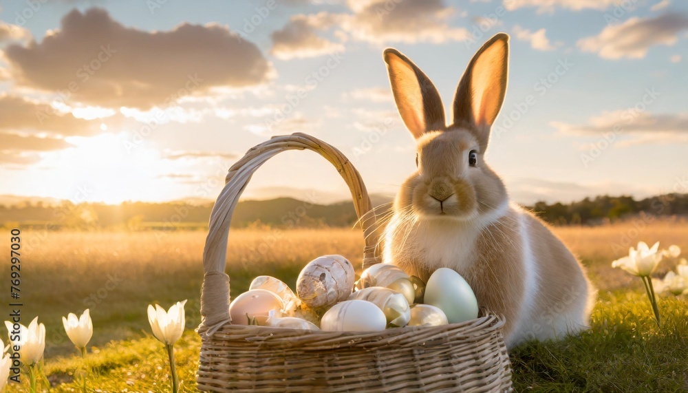 Wall mural easter bunny with a basket of easter eggs holy holiday of easterd image