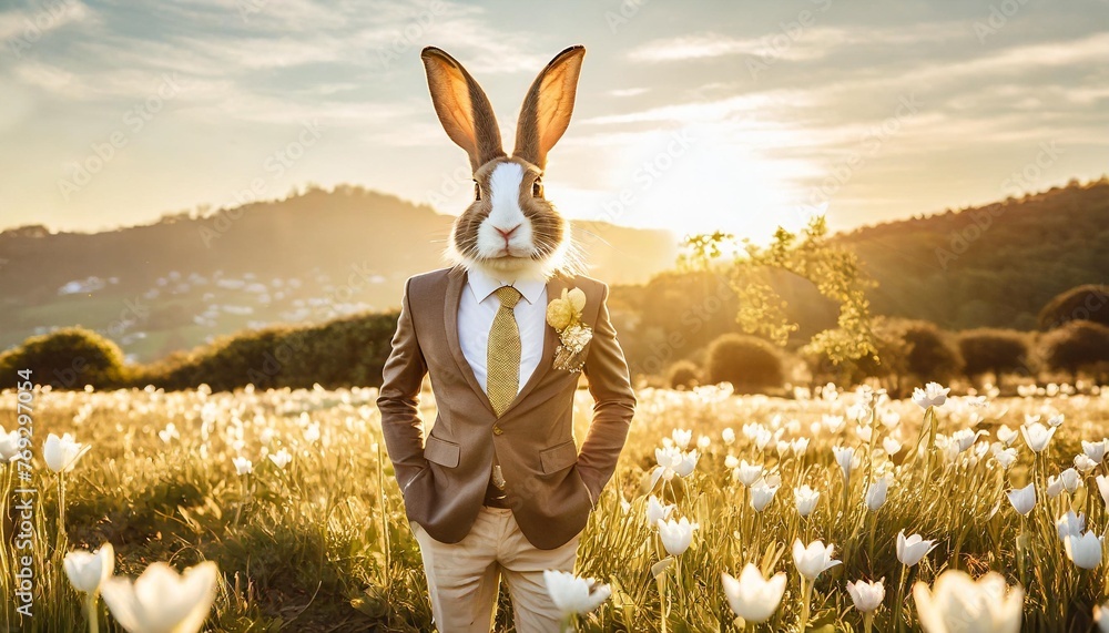Wall mural unrealistic creative minimal portrait of a wild animal dressed up as a man in elegant clothes a rabbit standing on two legs in business modern suit easter card - Wall murals