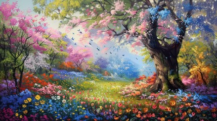 Oil painting portrays blooming flowers in the garden during spring, showcasing rough canvas texture resembling strokes of a palette knife.
