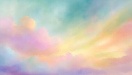 Fototapeta na wymiar colorful watercolor background of abstract sunset sky with puffy clouds in bright rainbow colors of pink green blue yellow and purple