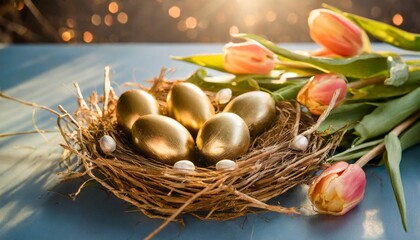 easter eggs in nest with tulips on blue background infused symbolism