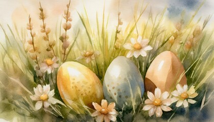 Obraz na płótnie Canvas decorated easter eggs in the grass with flowers happy easter watercolor illustration