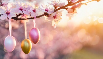 easter tree branch with colorful easter eggs hanging on blooming plum tree branches pink tone header of the site header design
