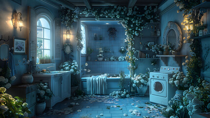 An elegantly surreal bathroom overwhelmed with an abundance of blue flowers, creating a tranquil and enchanting atmosphere - obrazy, fototapety, plakaty