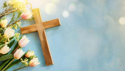 wooden cross with spring flowers on blue background with copy space religion background religious church holidays christianity feast easter palm sunday christening church wedding flat lay - obrazy, fototapety, plakaty
