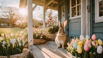rural house easter decorated porch with cute rabbit easter eggs and spring flowers - obrazy, fototapety, plakaty