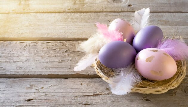 purple and pink easter eggs with feathers on a wooden background with space for a text or an image with space for your own text
