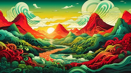 Obraz na płótnie Canvas Green mountain top landscape illustration abstract art decorative painting background