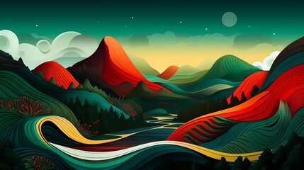 Green mountain top landscape illustration abstract art decorative painting background