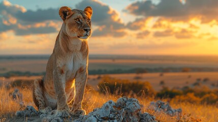 a lioness is sitting on top of a rock in the savannah at sunset - Powered by Adobe