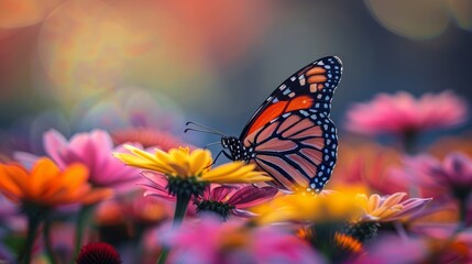 Butterfly pollinates flower in field of magenta petals - obrazy, fototapety, plakaty