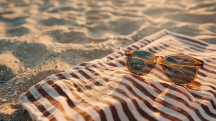 Blank mockup of a pair of sunglasses lying on a beach towel.