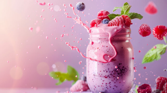 A dynamic image of a purple berry smoothie with berries and mint leaves flying around it, highlighting the concept of fresh and natural