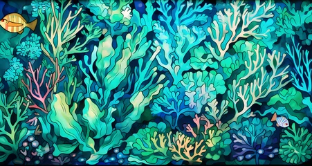 Keuken spatwand met foto painting of underwater plants and fish in an ocean landscape © Henry
