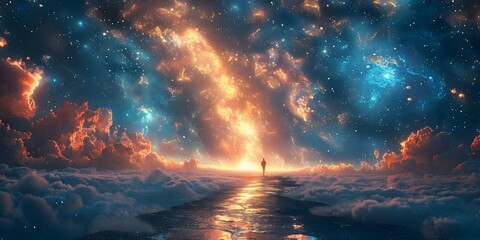 Guiding Path of Stars to a Heavenly Portal in the Sky. Concept Starry Night, Celestial Journey, Heavenly Portal, Guiding Stars - obrazy, fototapety, plakaty