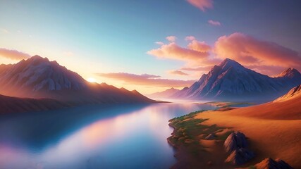 sunrise in the mountains and lake landscape background