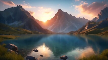 sunrise in the mountains and lake landscape background - obrazy, fototapety, plakaty